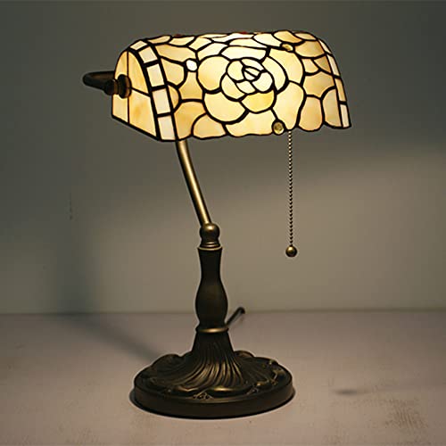 Rose Bankers Lamp Tiffany Vintage Table Lamp Stained Glass Beige Rose Lampshade Table Light Piano Desk Lamp Bedroom Bedside Lamp for Livingroom Office Study