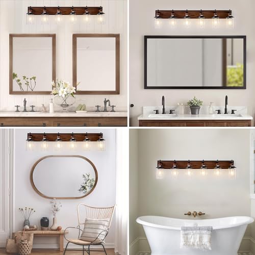 6 Light Farmhouse Bathroom Light Fixtures Vintage Bathroom Vanity Lights Over Mirror Black and Wood Painted Metal Vanity Light for Bathroom with Glass Shades E26 Socket