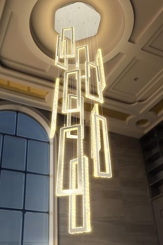 H158 Crystal Rectangle Chandelier 12 Ring Chandeliers for High Ceiling Gold Large Pendant Lighting High Ceiling Light for Living Room Staircase Foyer