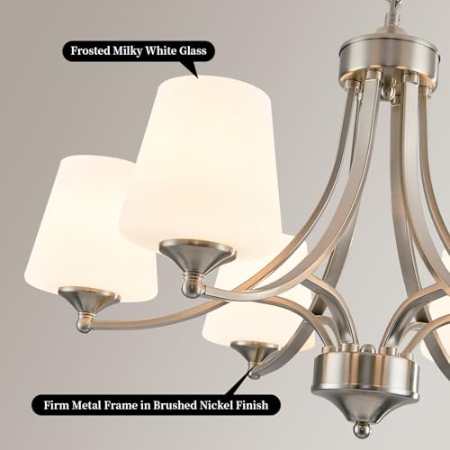 6 Light Brushed Nickel Chandeliers for Dining Room with Frosted Glass Farmhouse Silver Ceiling Hanging Lighting Fixtures Classic Pendant Lamp for Living Room