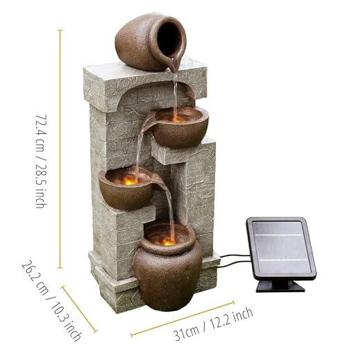 28 in. Cascading Bowls and Stacked Stones LED Outdoor Water Fountain for Outdoor Living Spaces to Create a Calming Oasis in Gardens and Landscaping