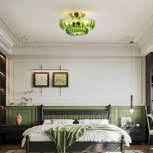 Semi Flush Mount Ceiling Light Fixture 11.8" Vinatge Gold Ceiling Lights Mid Century Modern Green Glass Close to Ceiling Lighting Fixtures for Bedroom Hallway Foyer Bathroom Kitchen Entryway (3 Count)