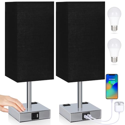 Set of 2 Bedside Table Lamp 3 Way Dimmable Nightstand Lamp with USB C & USB A Charging Port (2 Count)