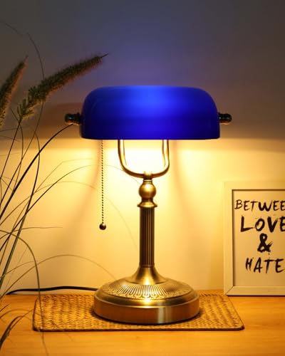 Blue Glass Bankers Desk Lamp