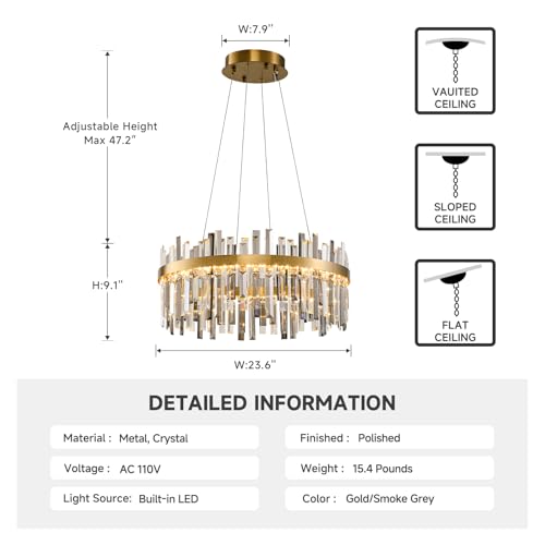 Led Gold Smoke Grey Crystal Chandelier