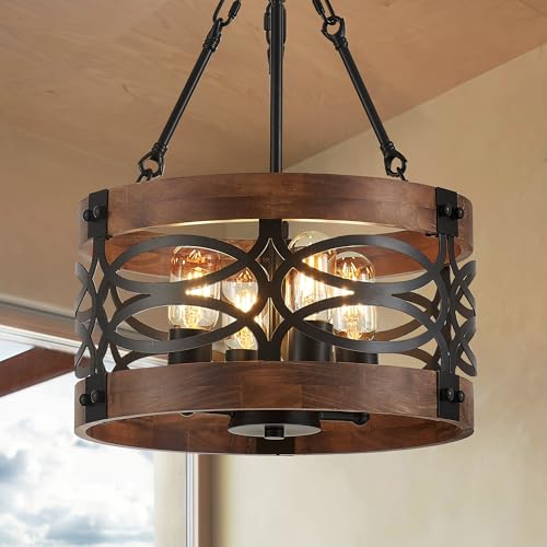 4 Light Farmhouse Drum Wood Pendant Light 13.8'' Vintage Rustic Brown Oak Wood Chandeliers (4 Count)