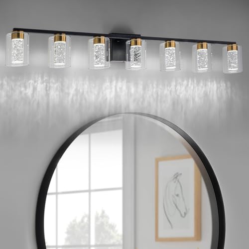 7 Light Black and Gold Vanity Light with 3 Color Modes