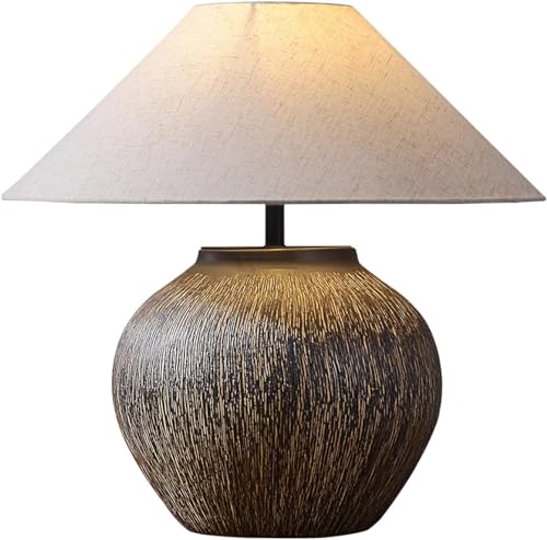 Rustic Farmhouse Table Lamp 20.8" Neutral Ceramic Table Lamp Brown White Checkered Ceramic with Linen Drum Shade Decor Bedside Nightstand for Living Room Bedroom