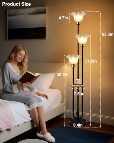 Flower Floor Lamp for Living Room Dimmable Vintage Floor Lamp with Shelf & Bulbs Included Mid Century Black Floral Standing Tall Lamp for Bedroom (3 Count)