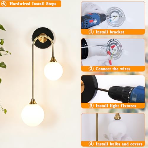 Mid Century Modern Wall Sconce Set of 2 Black and Gold Milk Glass Sconces with Double Ball Hardwired Wall Light for Bedside Bedroom Bathroom Living Room Corridor G9 Base