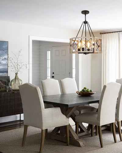SANTOSTOCK D19'' Farmhouse Chandelier, 4-Light Adjustable Dining Room Light Fixture Kitchen Island Lighting, Rustic Hanging Lights for Entryway Foyer Bedroom Living Room, Black & White Oak