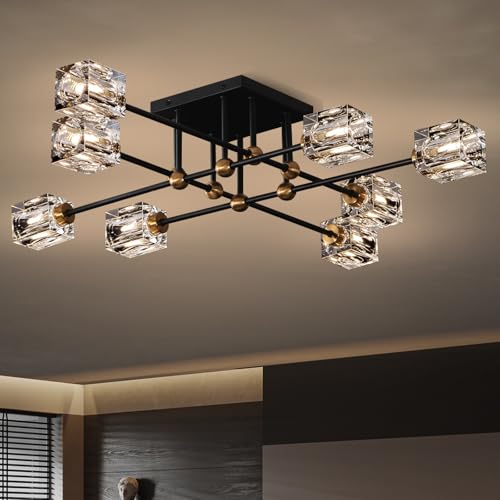 8 Light Crystal Ceiling Light Fixture Semi Flush Mount Ceiling Light Fixture Modern Black and Gold Sputnik Chandeliers for Dining Room Living Room Kitchen Island Hallway Bedroom