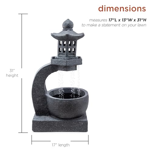 DIG370 31" Outdoor Zen Pagoda Water Fountain with LED Lights & Illuminated Stone Bowl
