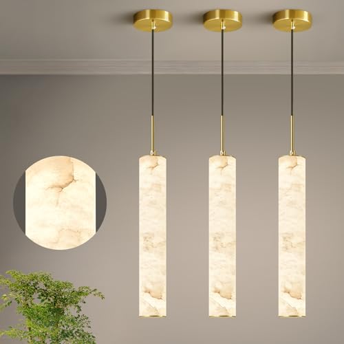 Natural Alabaster Pendant Lights for Kitchen Island White Marble Long Tube Chandelier 4000K Modern Gold Ceiling Light Fixtures for Bedroom Dining Room Table Living Room Hallway (3 Count)