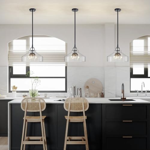 Chandelier Rustic Farmhouse Industrial Round Ceiling Pendant LED Light Fixture with Clear Glass Shades for Dining Room Kitchen Island Foyer Entryway