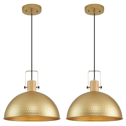 16 Inch Gold Pendant Lights Hammered Matte Pendant Lights for Kitchen Island Industrial Farmhouse Adjustable Height Dome Hanging Light Fixtures for Barn (2 Count)