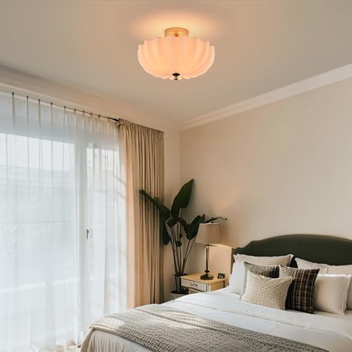 Modern Gold Semi Flush Mount Ceiling Light with Milky Flower Glass