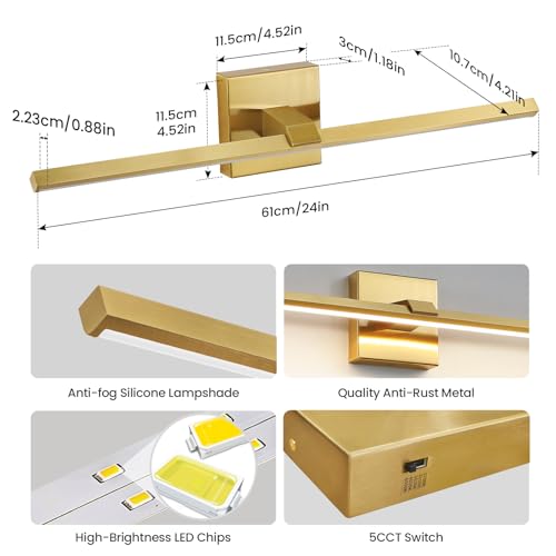 Gold LED Bathroom Vanity Light 24 Inch 18W Dimmable 5CCT Bathroom Lighting Fixtures Over Mirror Modern Brushed Gold Vanity Lights Bar for Bathroom Mirror Cabinets Bedroom