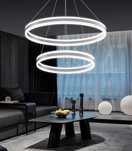 D23.6''+31.5'' Modern Ring Chandelier for Dining Room LED Dimmable Pendant Lighting High Ceiling Chandelier for Living Room Foyer Bedroom Entryway 3000K
