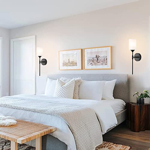 Mid Century Modern Wall Lamp 2 Pack with White Cylinder Glass Shades Matte Black Wall Sconce Bathroom Vanity Lighting Industrial Farmhouse Wall Light Fixtures for Mirror Bedroom Living Room (2 Count)