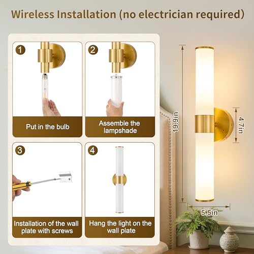 Gold Battery Operated Wall Sconces Set of 2 with White Glass Lamp Shade