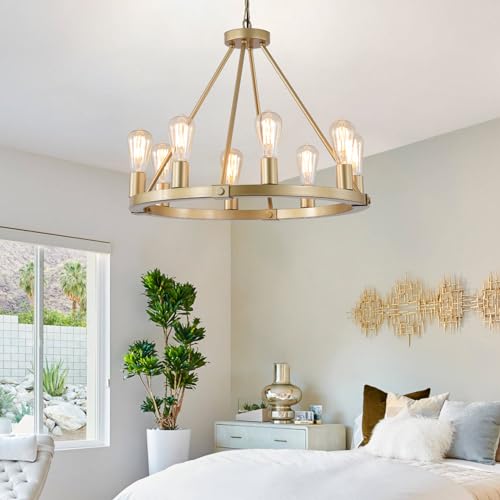 23.6“ 8 Lights Golden Wagon Wheel Chandelier, Large Luxury Kitchen Island Pendant Light for Living Dining Room Foyer Entryway,Height Adjustable,E26.
