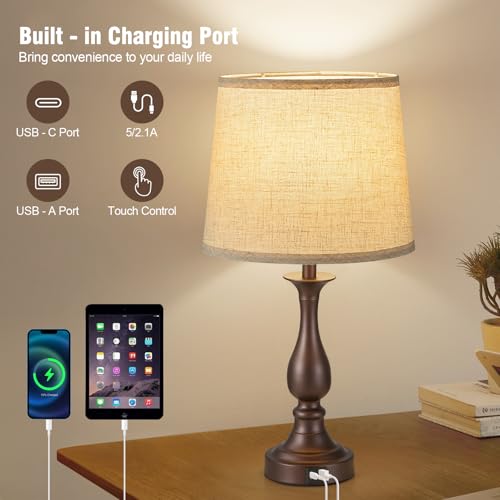 Bedside Table Lamp Touch Control Bedroom Lamps with USB A + C Charging Port 3 Way Dimmable Touch Lamps for Nightstand Living Room Bedroom Dorm Home Office Reading (2 Count)