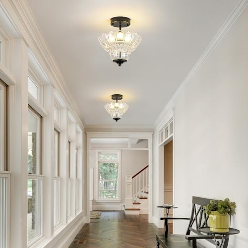 Black Semi Flush Mount Light with Floral Class Shade (Black)
