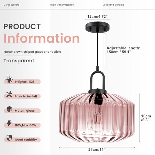 Pink Pendant Lights Fixture Mid Century Modern Pendant Lighting Large Glass Globe Shade Adjustable Cord Pendant Light Vintage Ceiling Hanging Lights for Dining Room Kitchen Island
