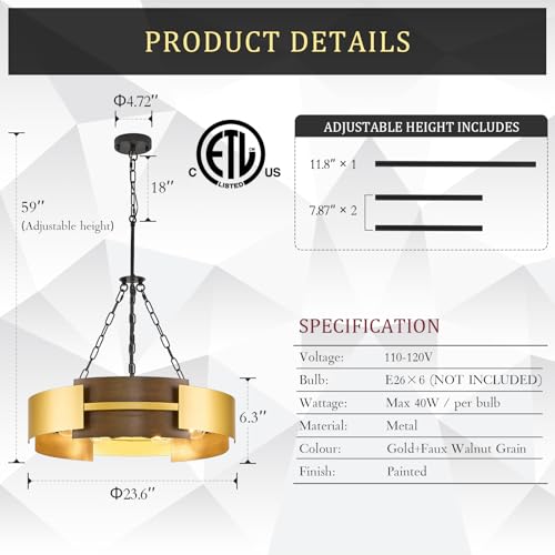 24" 6 Light Industrial Drum Chandelier with Gold Metal