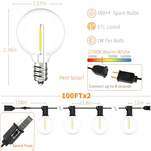 200 FT Outdoor String Lights for Outside Patio 104 Bulbs Waterproof (200 Foot)