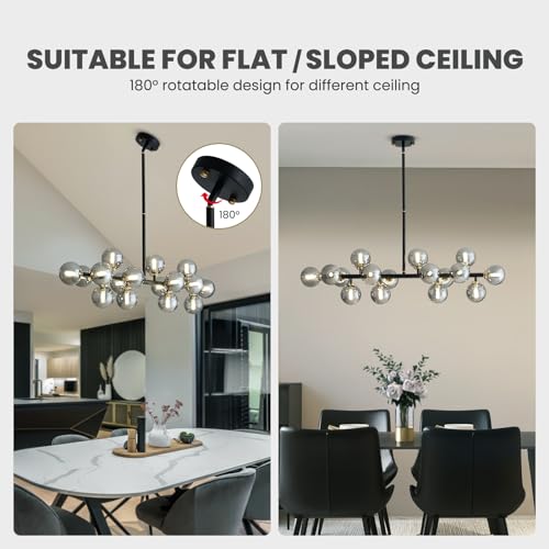 16 Lights Mid Century Modern Chandelier Black Linear Chandelier Light Fixtures Glass Globe Sputnik Pendant Light for Dining Room Kitchen Island