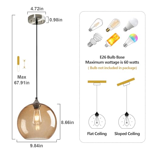 Light Brown Glass Pendant Lights Kitchen Island Globe Pendant Light Fixtures Modern Pendant Lighting for Bedroom Living Dining Room Light Fixture (3 Count)