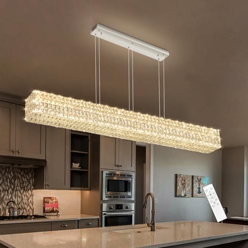 Rectangular Crystal Chandelier Dimmable LED Linear Chandeliers for Dining Room Remote Ceiling Pendants Light Fixture for Kitchen Island Silver
