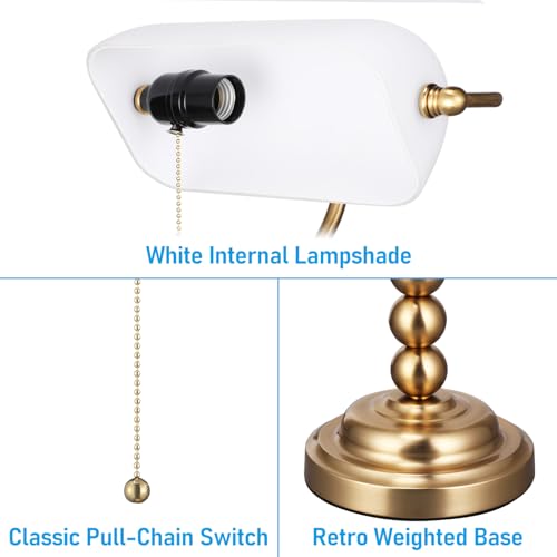 Ivory White Glass Bankers Desk Lamp with Pull Chain