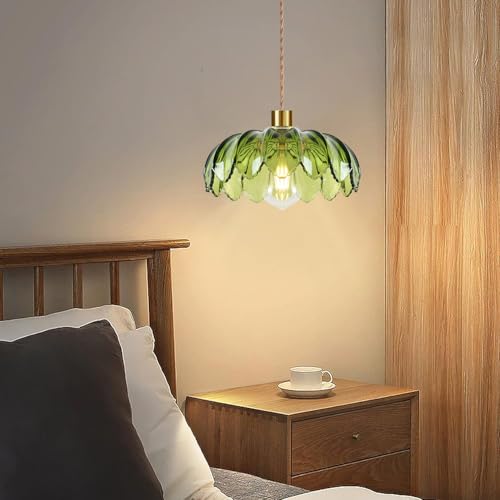 Plug in Pendant Light Hanging Lights with Plug in Cord Boho Hanging Lamp Glass Gold Mid Century Modern Vintage Dimmable Green Flower Plug in Chandelier Ceiling Fixture for Living Room