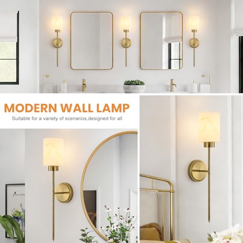 Gold Wall Sconces Set of 2 with Marble Glass Shade