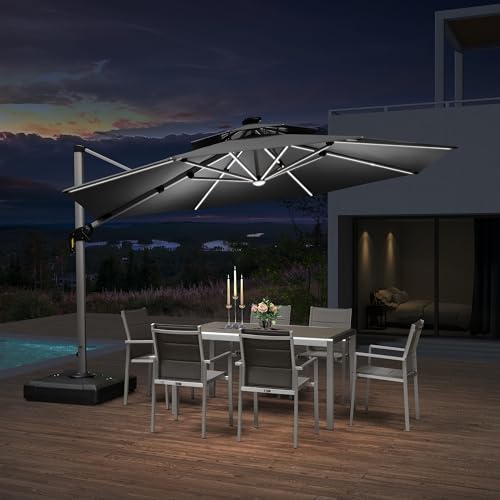 Patio Umbrella with Base 12ft Solar LED Light Double Top