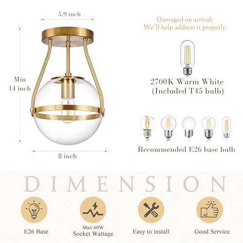 8 Inch Mid Century Ceiling Light Modern Gold Semi Flush Mount Ceiling Light with Clear Glass Shade Globe Semi Flush Mount Ceiling Light Fixture for Bedroom Hallway Bathroom Foyer