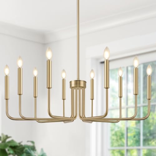 Brass 10 Light Farmhouse Chandelier for Dining Room Lighting Fixtures Hanging