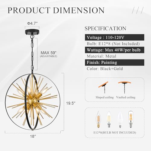 18" 8 Light Black Gold Sputnik Chandelier Modern Hanging Light