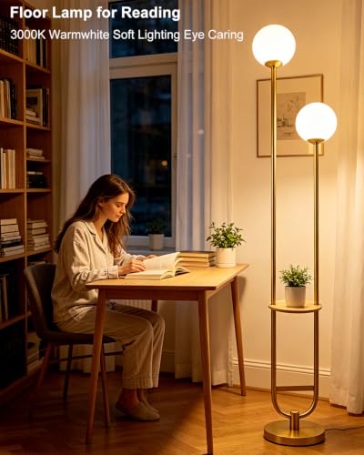 Globe Floor Lamp Dimmable Mid Century Gold Standing Tall Lamp with 3000K Bulbs Included Vintage Tall Lamp with 5Lbs Heavy Base for Lving Room (2 Count)