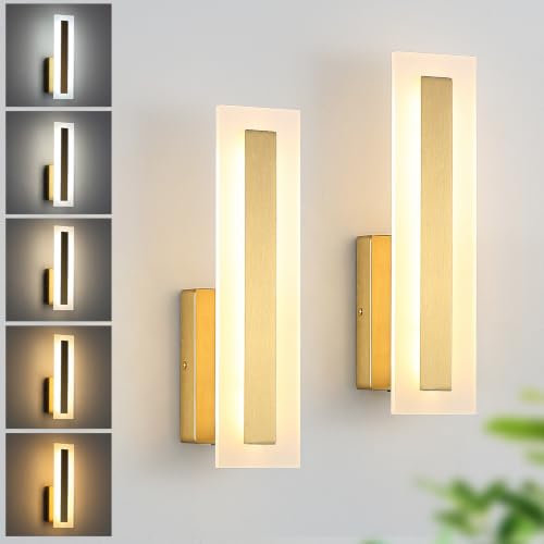 Hardwired Wall Sconces Set of 2 Dimmable Modern Gold LED Wall Light