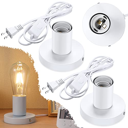 2 Pcs Polished Metal Desktop Lamp Base E26 E27 Screw Light Bulb Holder Sockets Night Light Base Lamp Replacement for Holding Bulb 6 Feet Cord on Off Switch Plug