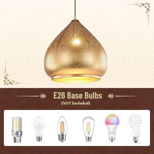 2 Pack Hanging Pendant Light Gold Turkish Moroccan Ceiling Light 11.8 Inch Metal Dome Shade Industrial Hanging Light for Dining Room Bedroom Kitchen Island