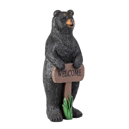 36" Tall Outdoor Standing Black Bear with Welcome Sign Yard Statue Decoration