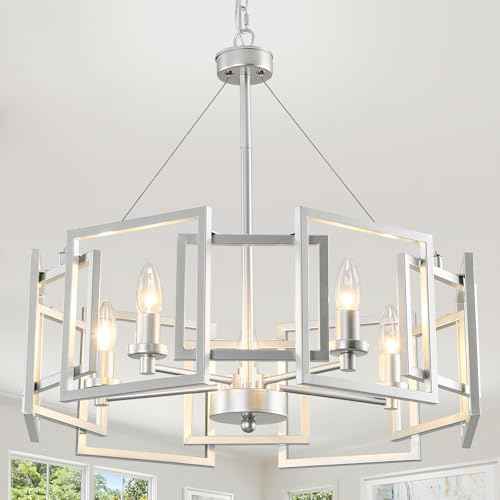 Modern Chandelier Chrome Geometric Pendant Lighting Fixture 5-Light Metal Farmhouse Chandelier for Dining Room Living Room entryway Kitchen Bedroom Island