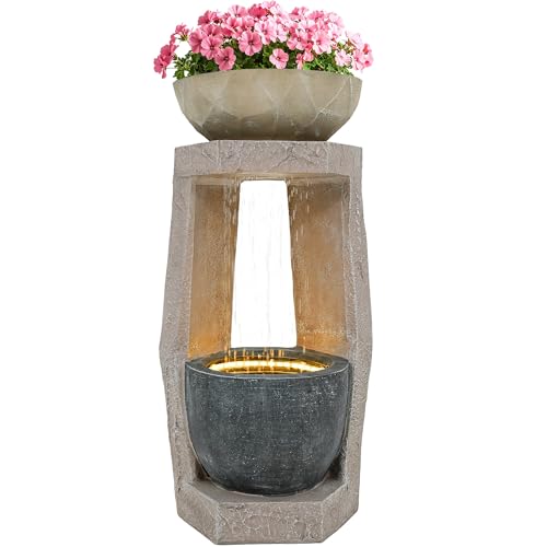 32" Geometric Outdoor Water Fountain with Birdfeeder