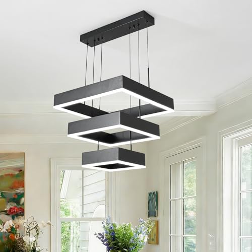 Modern Chandelier 58W LED Black Pendant Light Embedded Mount Square Rings LED Chandeliers Dining Room Light Fixtures for Kitchen Bedroom