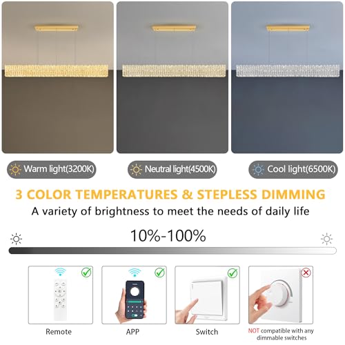Rectangular Crystal Chandelier Dimmable LED Linear Chandeliers for Dining Room Remote Ceiling Pendants Light Fixture for Kitchen Island Gold